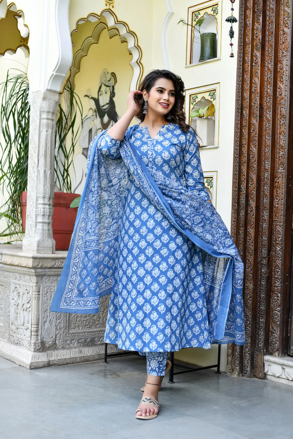 Ethnic Set Women Block A-Line Printed Kurta and Pant Set with Dupatta