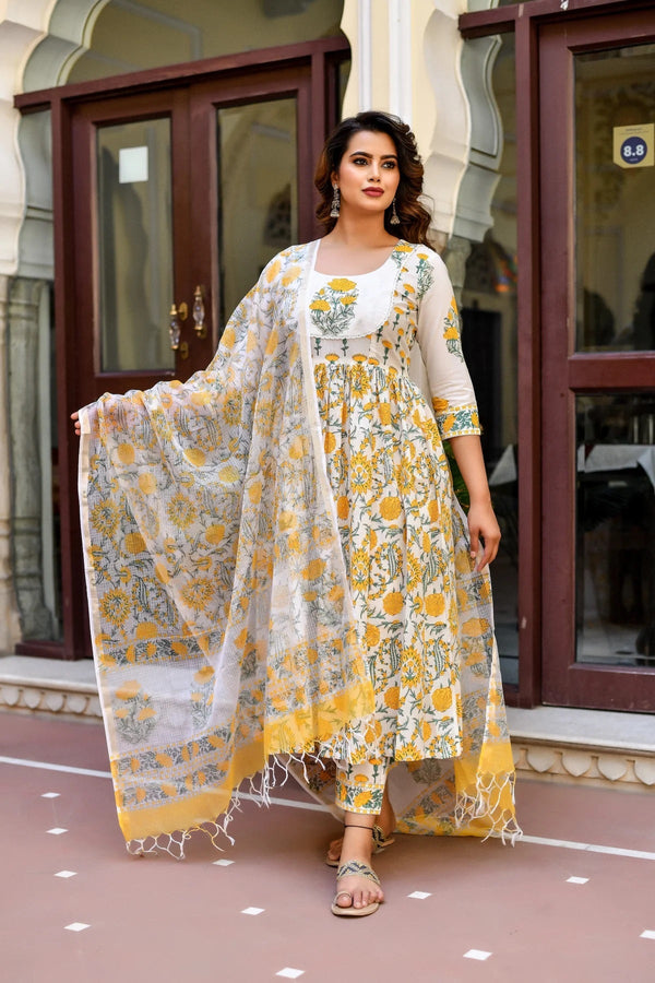 Ethnic Set Women Block Printed A-Line Kurta with pant and Dupatta Set