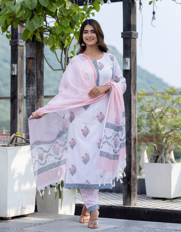 Ethnic Set Women Block Printed Kurta and Pant Set With  Dupatta