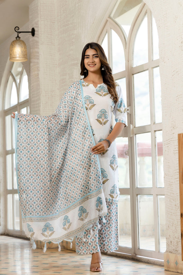 Ethnic Set Women Block Printed Kurta and Palazzo Set with Dupatta