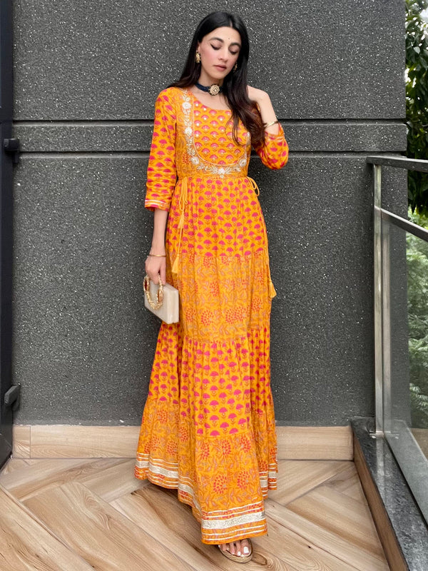 Mustard Cotton Floral Print Flared Kurta