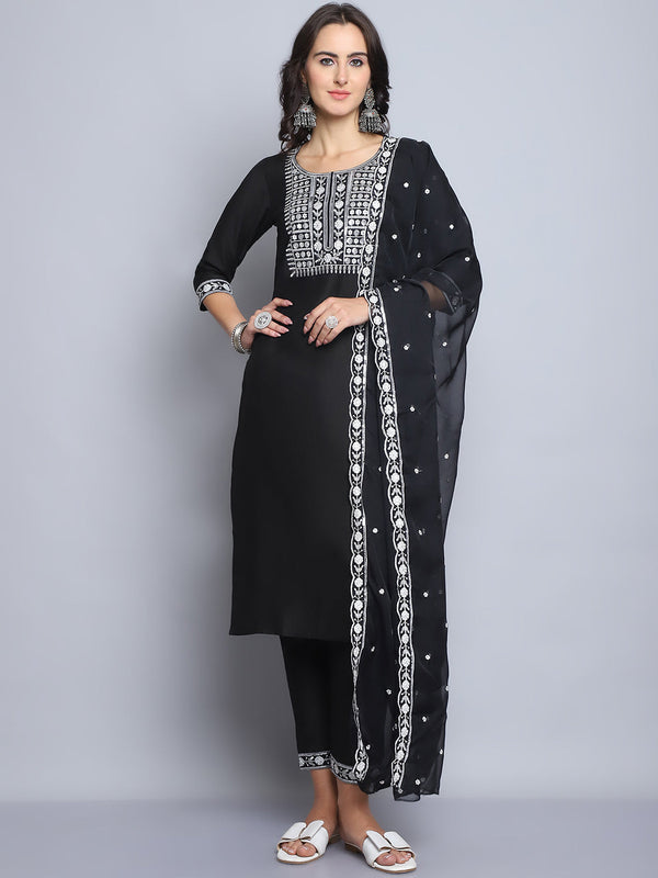 Ethnic Set Women Embroidery Straight Kurta and Pant set with Dupatta