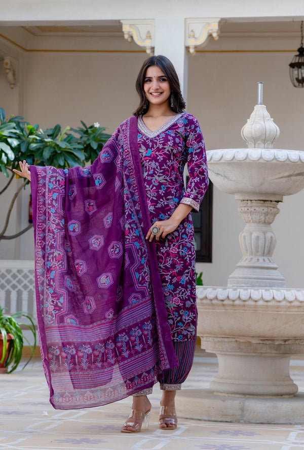 Ethnic Set Women Printed Straight Purple Kurta and Pant set with Dupatta