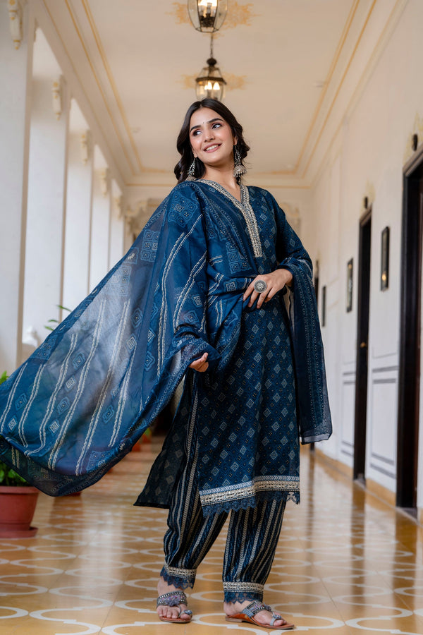 Ethnic Set Women Printed A-Line Navy Blue Kurta and Pant set with Dupatta