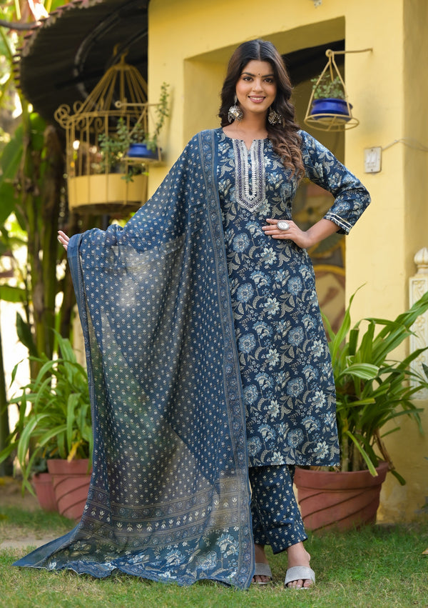 Ethnic Set Women Printed Straight Kurta and Pant set with Dupatta