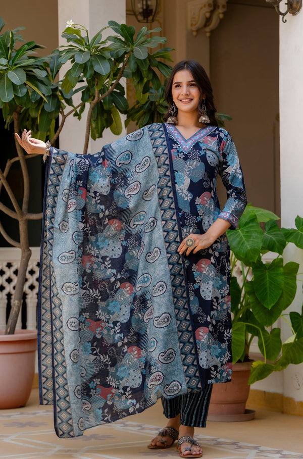 Ethnic Set Women Printed A-Line Kurta and Pant set with Dupatta