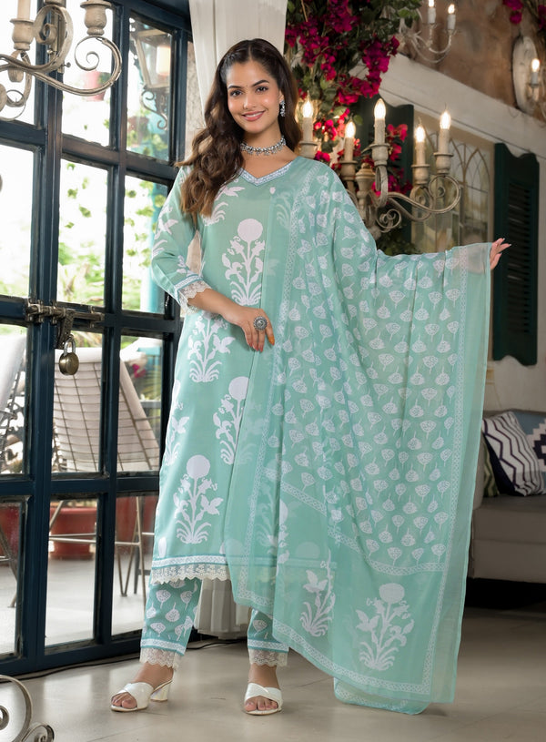 Ethnic Set Women Embroidery Straight Kurta and Pant set with Dupatta