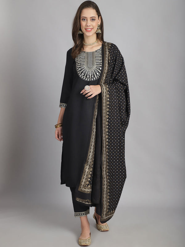 Ethnic Set Women Sequence Printed Straight Kurta and Pant set with Dupatta - Ethnic Set