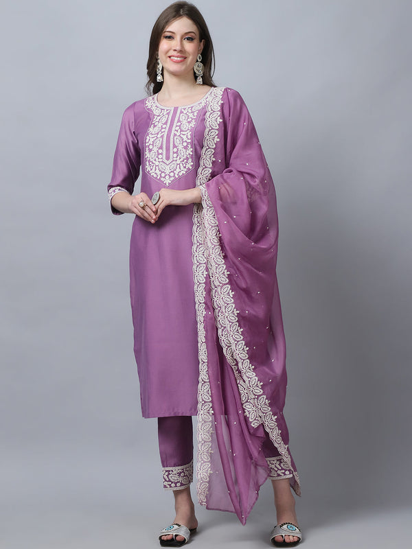 Ethnic Set Women Embroidery Straight Kurta and Pant set with Dupatta