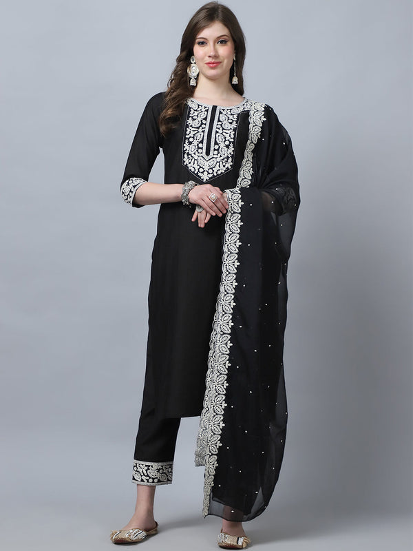 Ethnic Set Women  Embroidery Straight Kurta and Pant set with Dupatta