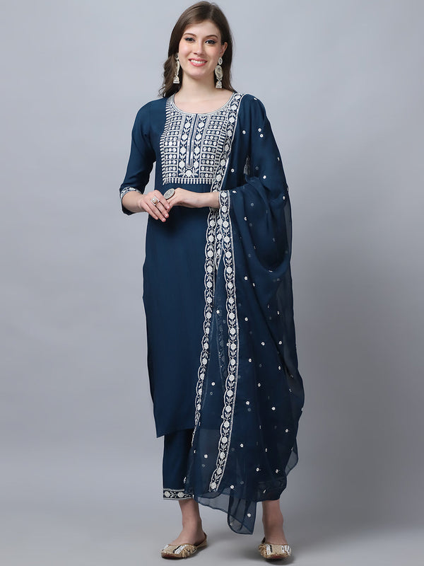 Ethnic Set Women Embroidery Straight Kurta and Pant set with Dupatta