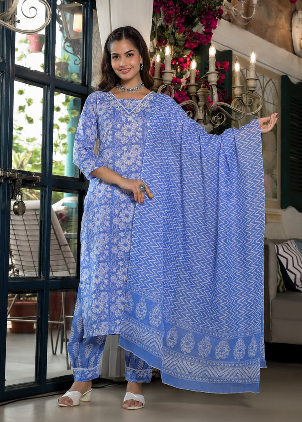 Ethnic Set Women Embroidery Straight Kurta and Pant set with Dupatta