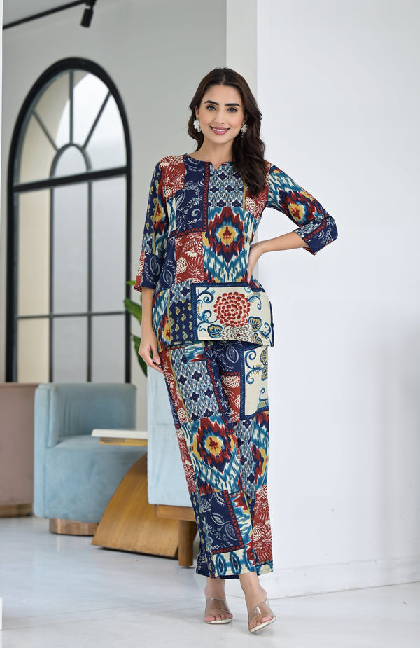 Ethnic Set Women  Printed Blue Co-ord Set