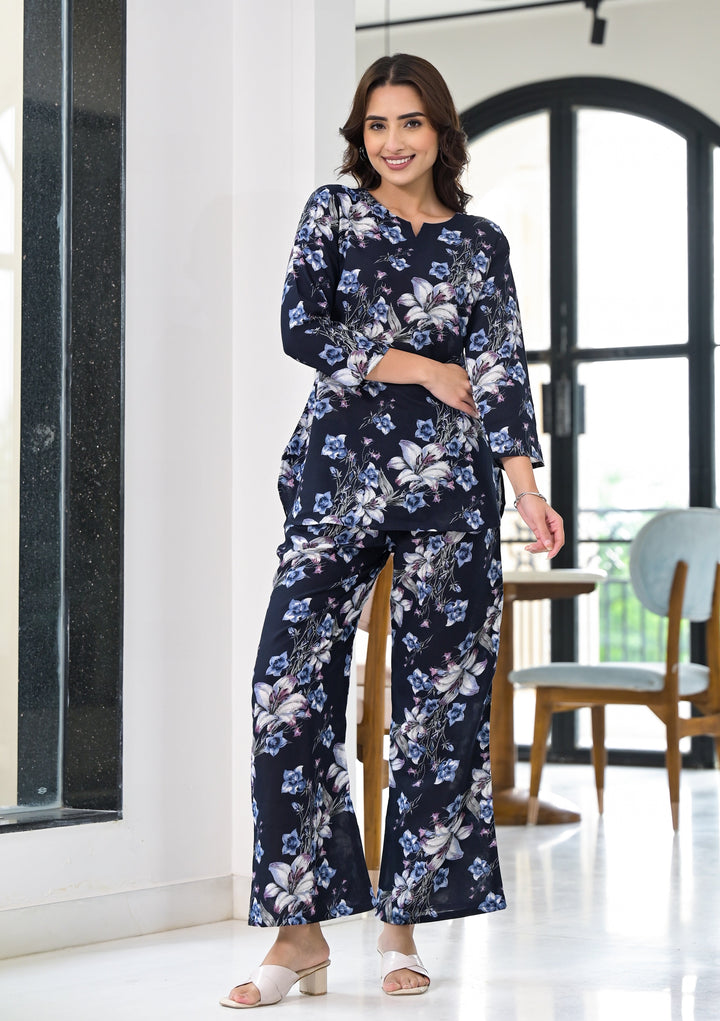 Ethnic Set Floral Printed Navy Blue Co-ord Set - Ethnic Set