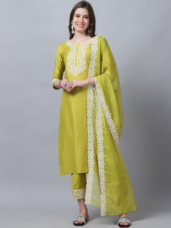 Ethnic Set Women Embroidery Straight Kurta and Pant set with Dupatta