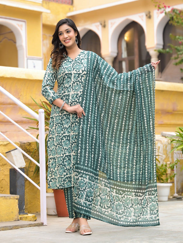 Ethnic Set Women Printed Straight Kurta and Pant set with Dupatta