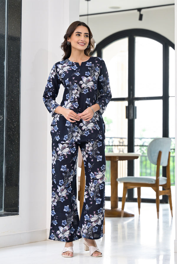 Ethnic Set Floral Printed Navy Blue Co-ord Set