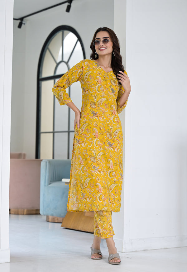 Ethnic Set Floral Printed Yellow Co-ord Set