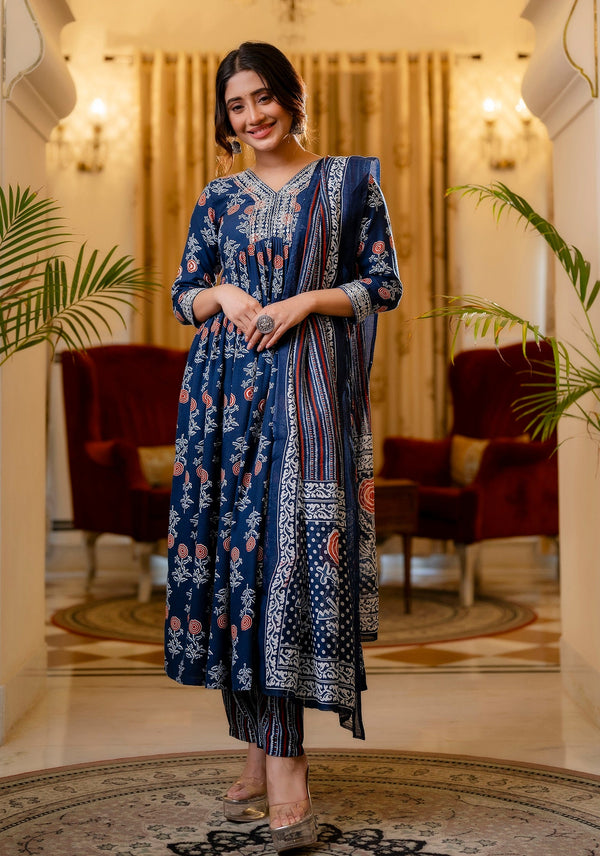 Ethnic Set Women Printed Flared A-Line Kurta and Pant set with Dupatta