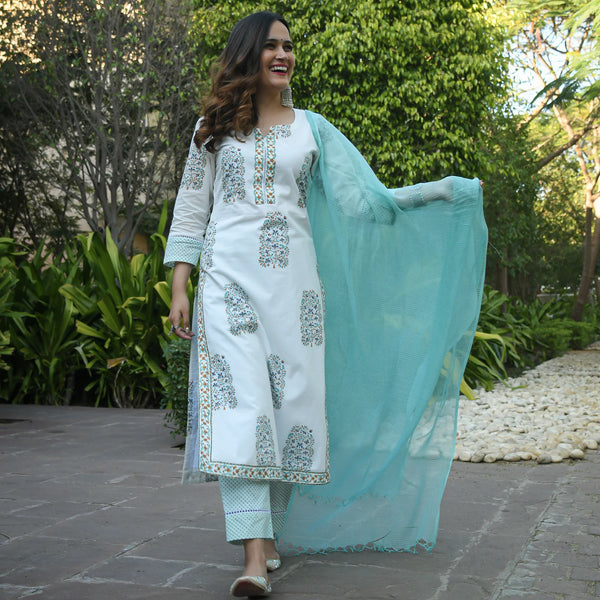 Ethnic Set Women Block Printed Kurta and Pant set with Dupatta