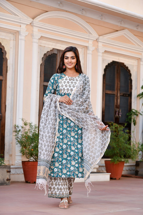 Ethnic Set Women Kalamkari Printed Kurta and Palazzo with Dupatta