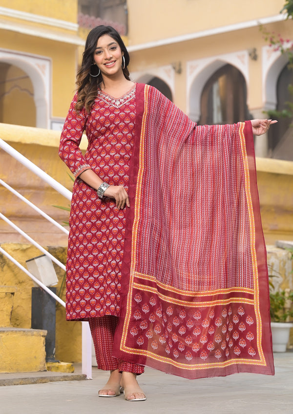 Ethnic Set Women Block Printed Straight Kurta and Pant set with Dupatta