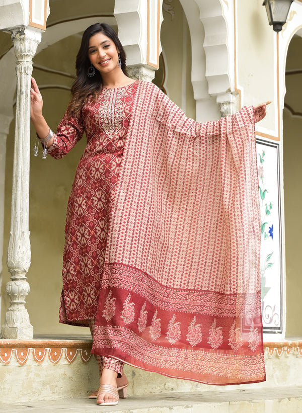 Ethnic Set Women Block Printed Straight Kurta and Pant set with Dupatta