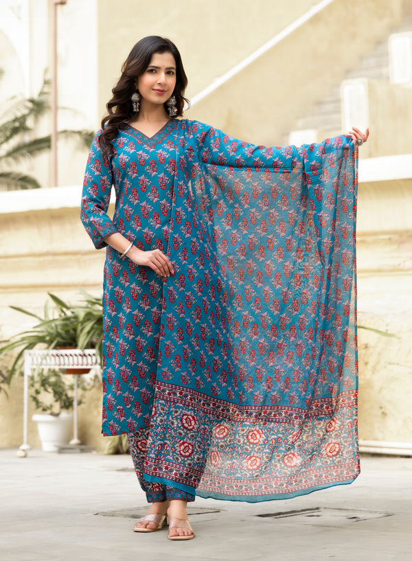 Ethnic Set Women Block Printed Straight Kurta and Pant set with Dupatta