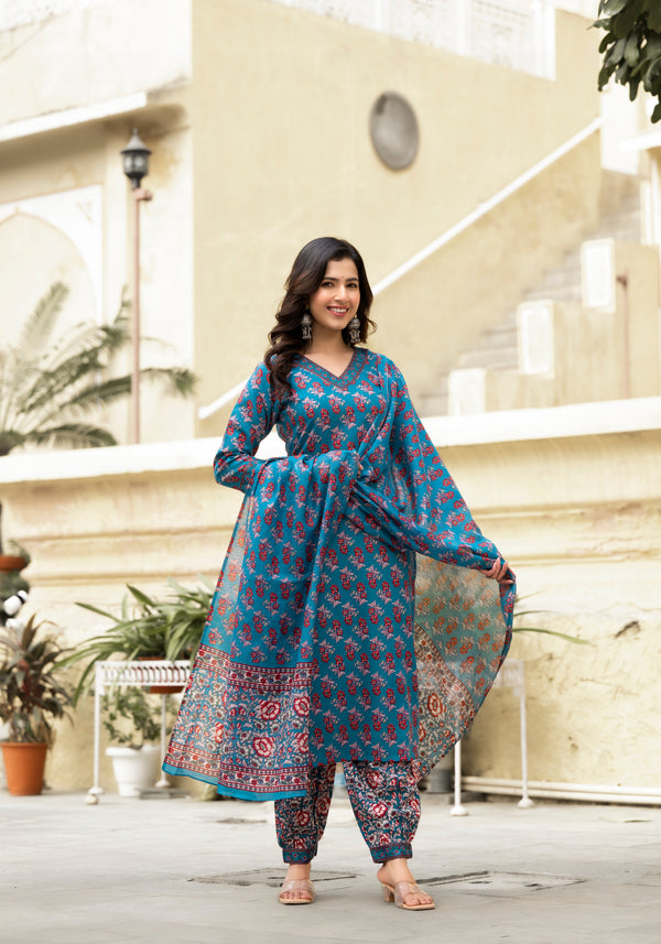 Ethnic set women Printed Kurta and afgani pant set with Dupatta