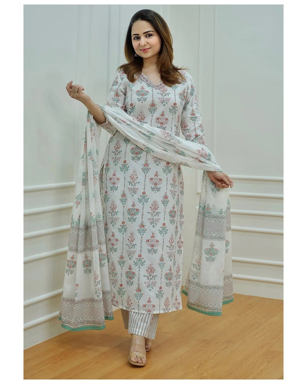 Ethnic Set Women Block Printed Kurta and Pant Set With Dupatta