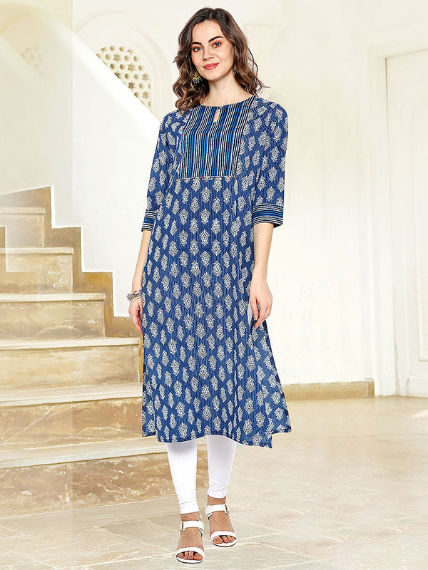 Janasya Women's Blue Cotton Block Print Kurta