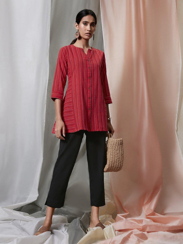 Red Cotton Woven Design A-Line Top