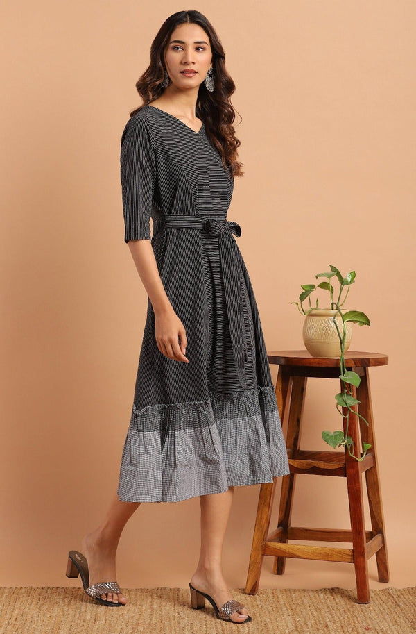 Black Cotton Striped Flared Western Dress