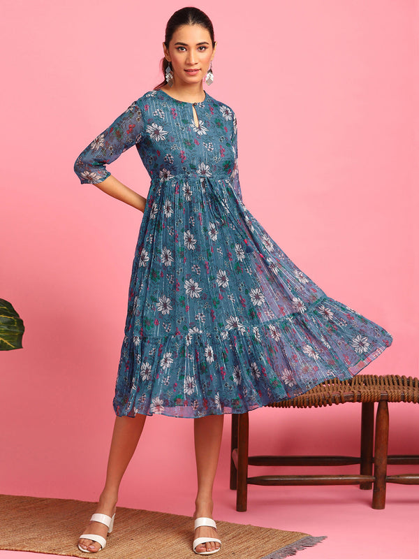 Blue Poly Georgette Floral Flared Western Dress