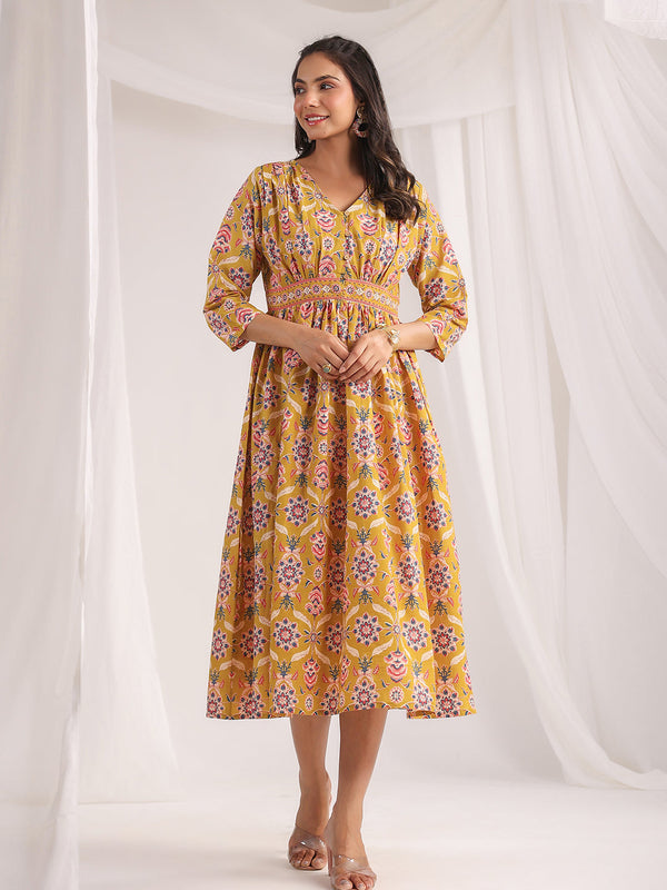 Mustard Cotton Ethnic Motifs Gathered Dress