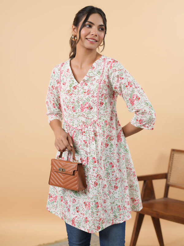 White Cotton Floral A-Line Tunic