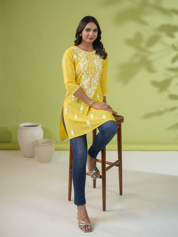 Yellow Cotton Chikankari Regular Tunic