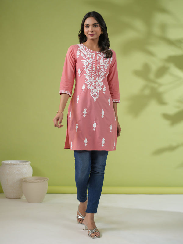 Peach Cotton Chikankari Regular Tunic