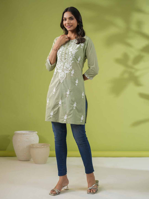 Sage Cotton Chikankari Regular Tunic