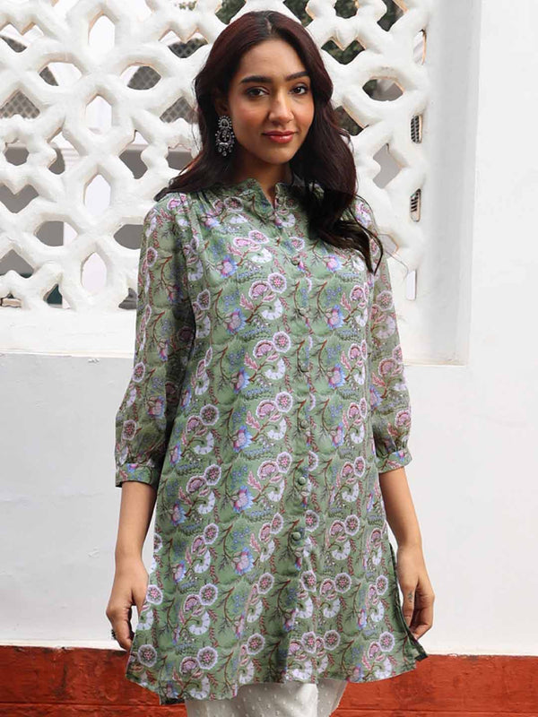 Sage Georgette Floral Regular Tunic