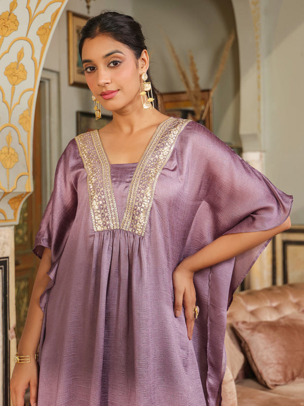 Lavender Silk Blend Yoke Embroidered Kaftan Co-Ord Set