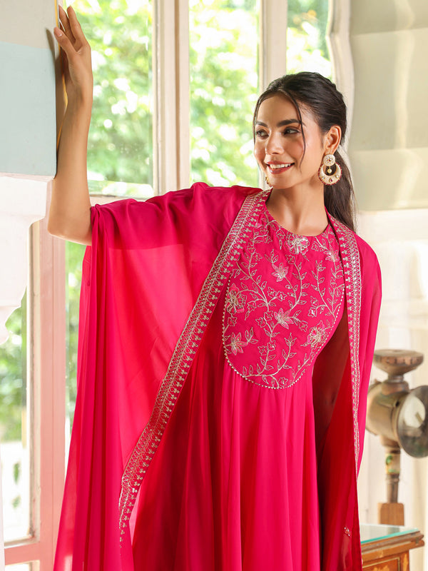 Pink Georgette Embroidered Anarkali Dress With Cape