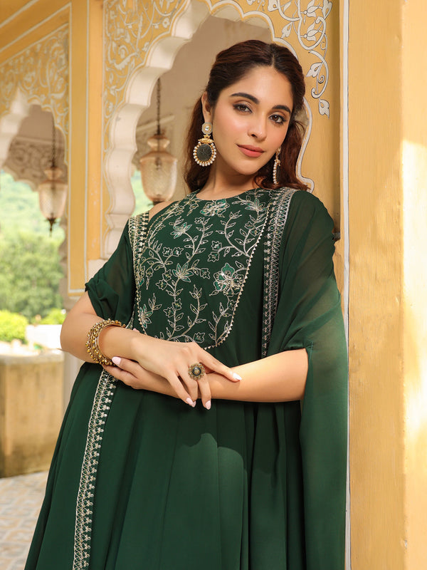 Dark Green Georgette Embroidered Anarkali Dress With Cape