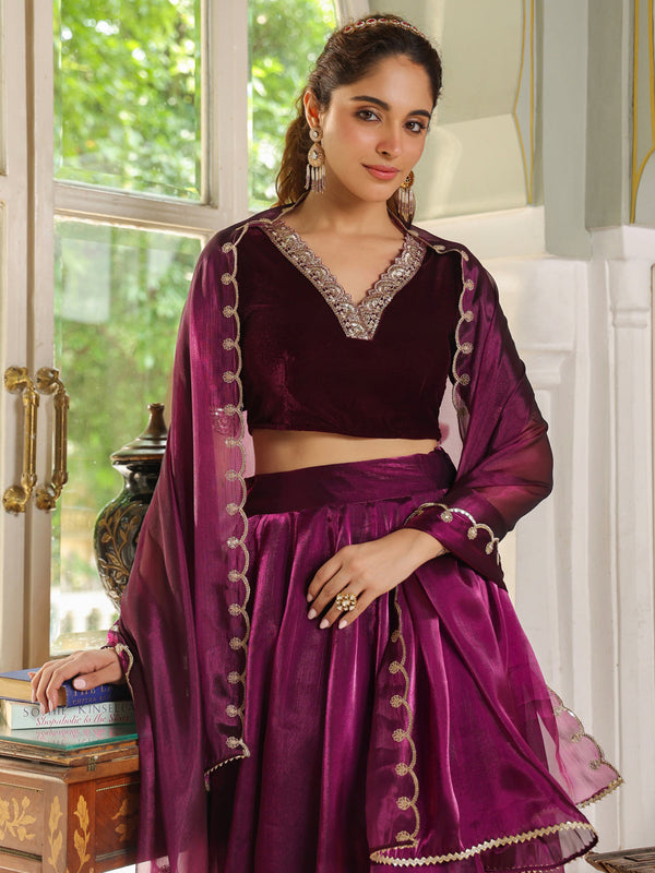 Purple Organza Zari Embroidered Pleated Lehenga Choli Set