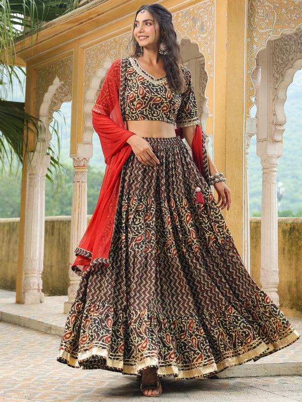 Black Pure Cotton Batik Printed Tiered Lehenga Choli Set