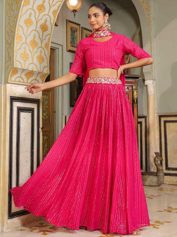 Pink Georgette Foil Printed Gathered Embellished Lehenga Choli Set