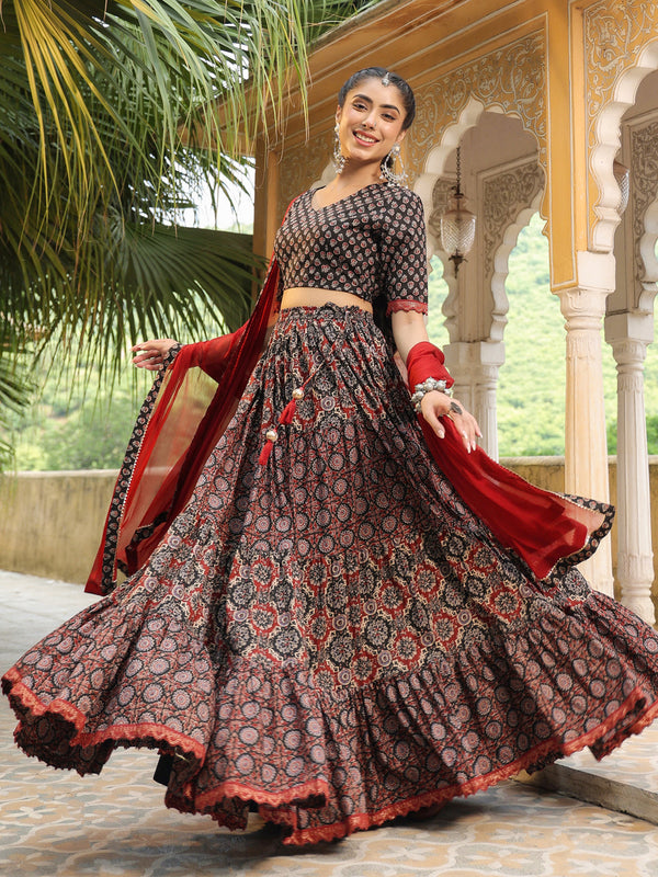 Black & Maroon Pure Cotton Ethnic Motifs Printed Tiered Lehenga Choli Set