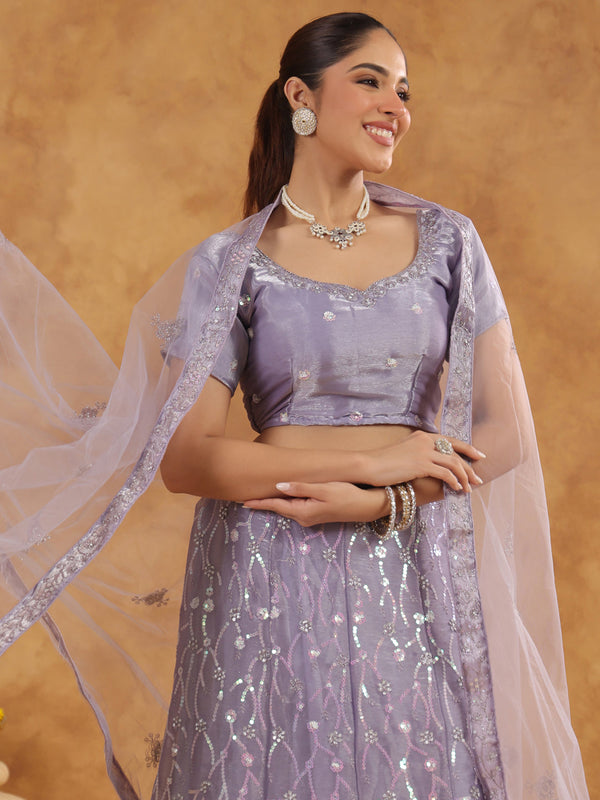 Lavender Organza Embroidered Semi-Stitched Lehenga Choli with Dupatta Set