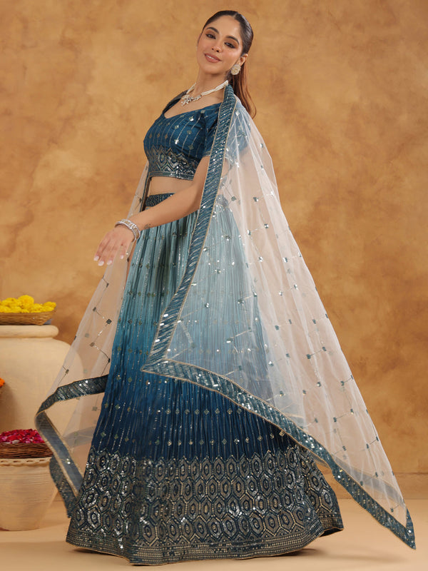 Teal Blue Silk Blend Sequined Semi-Stitched Lehenga Choli with Dupatta Set