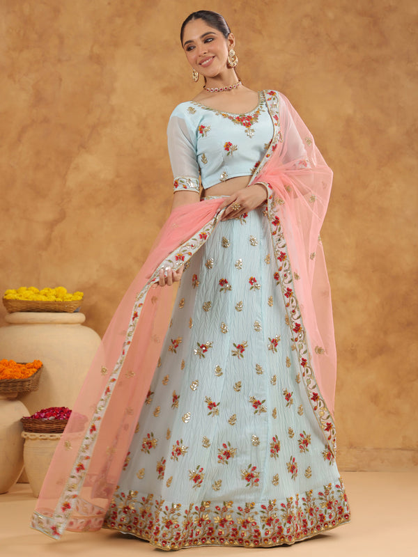 Light Blue Art Silk Zari Embroidered Semi-Stitched Lehenga Choli with Dupatta Set